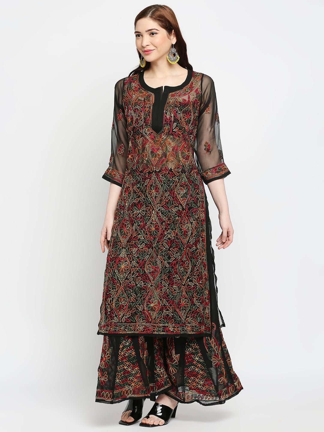 Lucknow Chikankari Hand Embroidered Long Kurta with Sharara Set - Indiankala4u