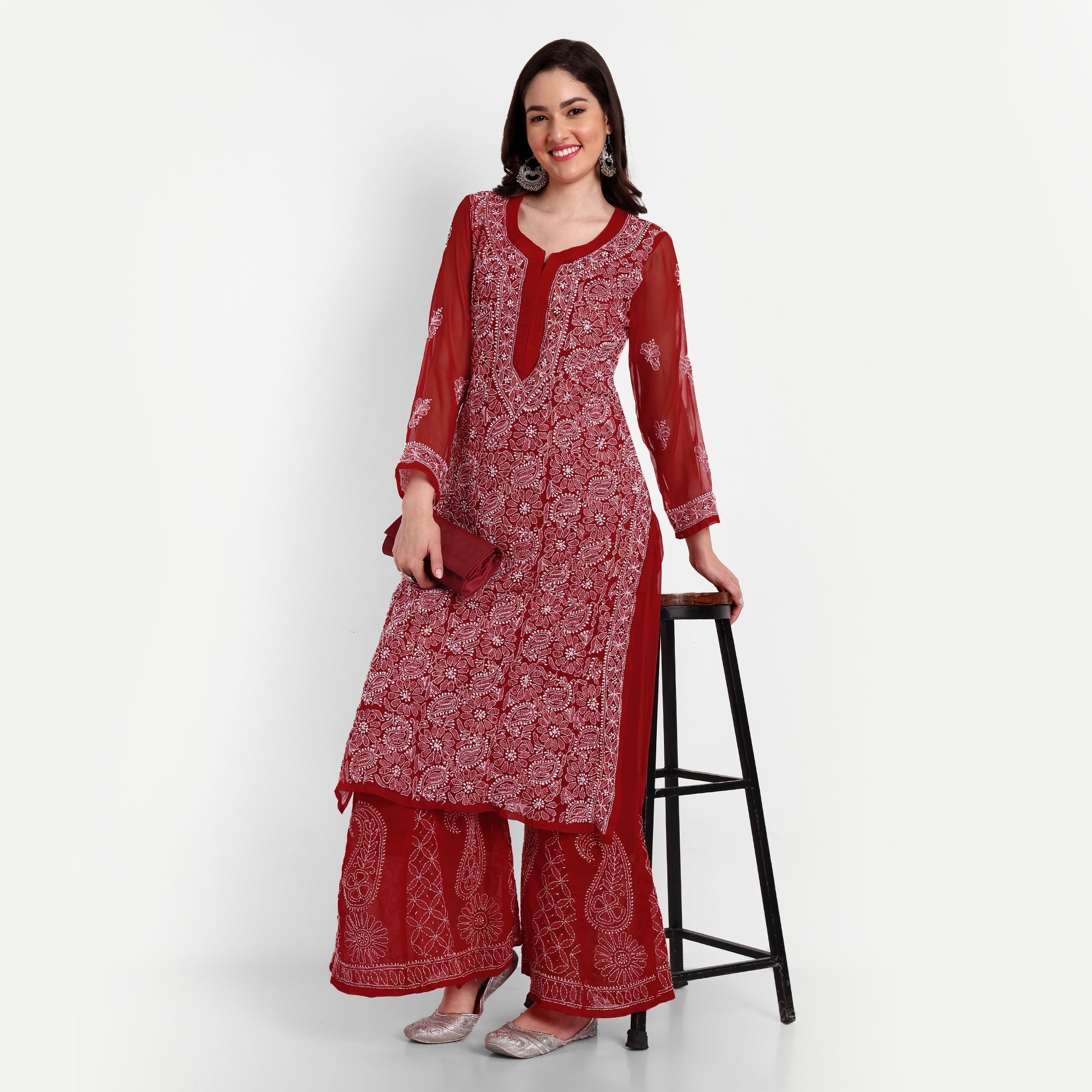 Lucknow Chikankari Hand Embroidered Long Kurta with Sharara Set - Indiankala4u