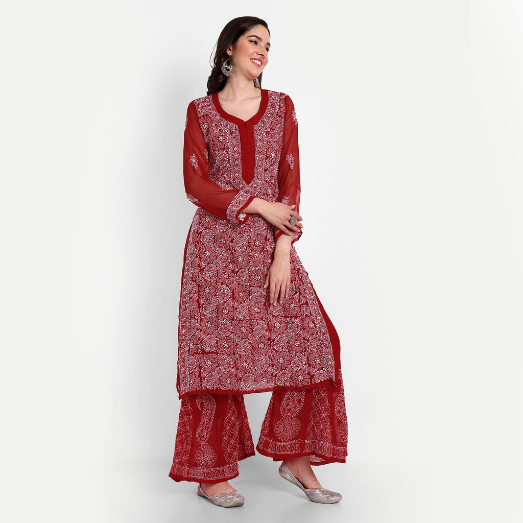 Lucknow Chikankari Hand Embroidered Long Kurta with Sharara Set - Indiankala4u
