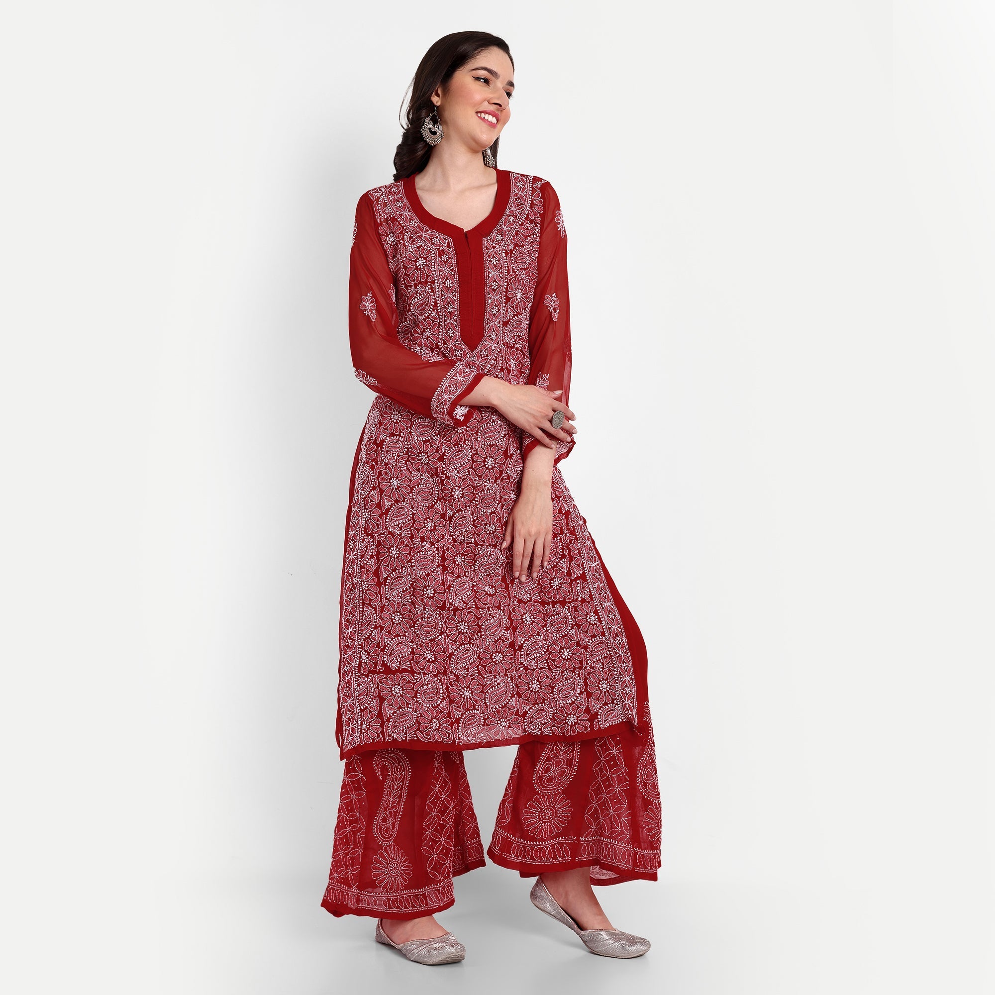 Lucknow Chikankari Hand Embroidered Long Kurta with Sharara Set - Indiankala4u