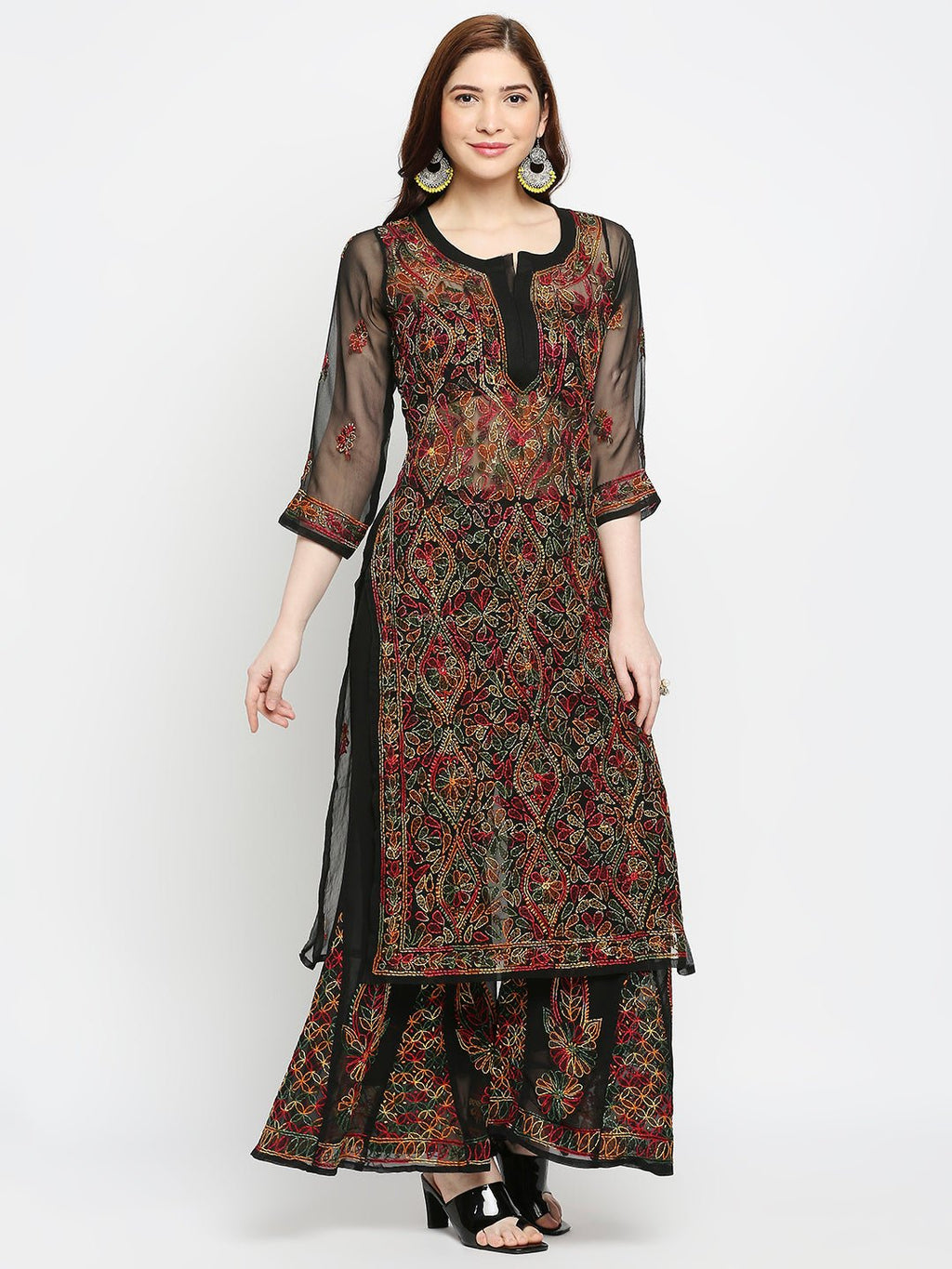 Lucknow Chikankari Hand Embroidered Long Kurta with Sharara Set - Indiankala4u