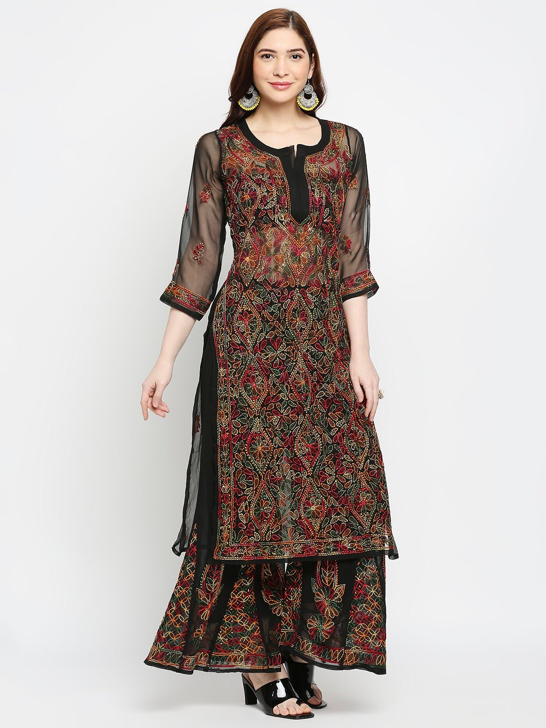 Lucknow Chikankari Hand Embroidered Long Kurta with Sharara Set - Indiankala4u