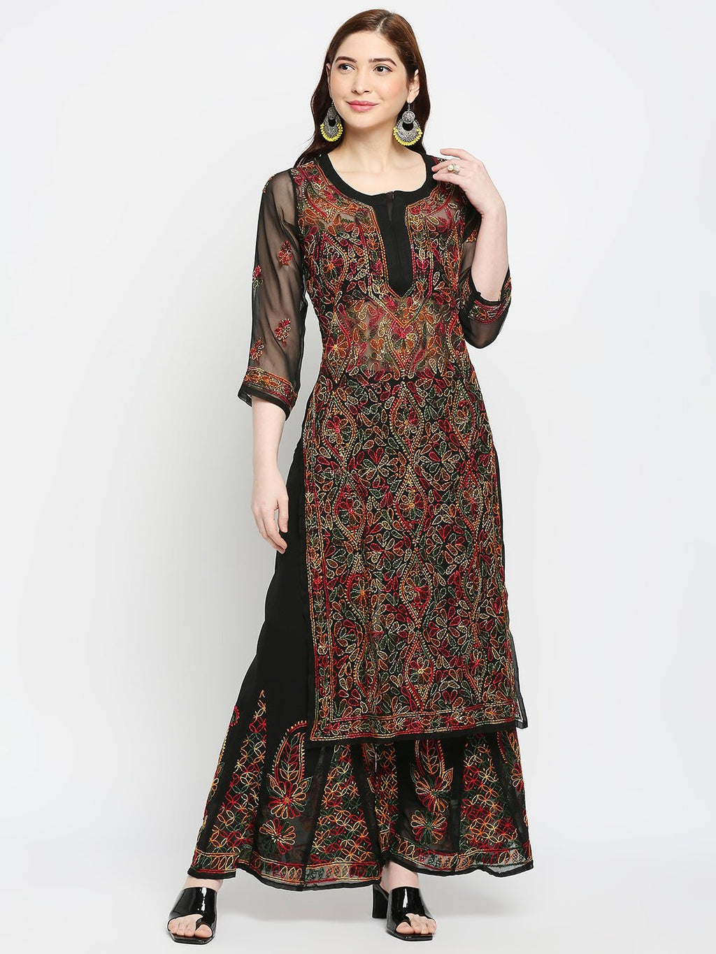 Lucknow Chikankari Hand Embroidered Long Kurta with Sharara Set - Indiankala4u