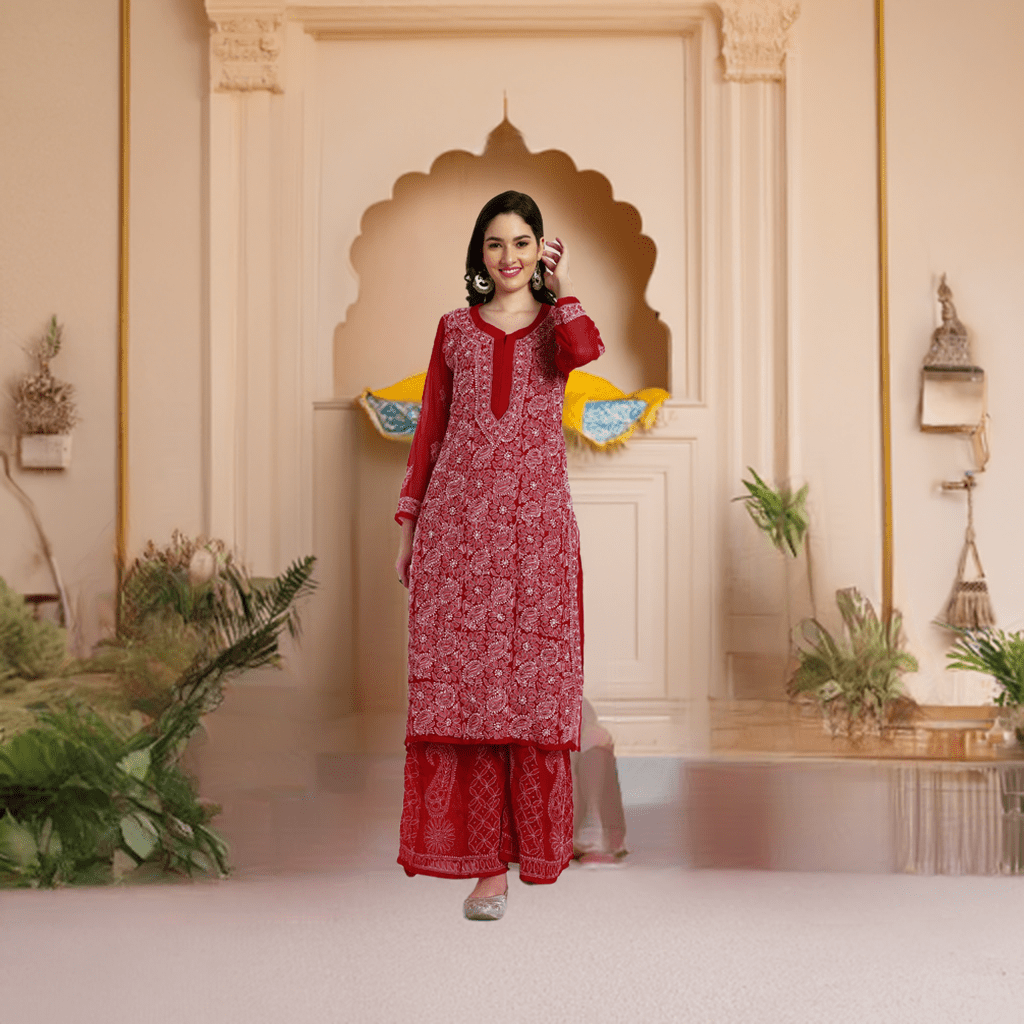 Lucknow Chikankari Hand Embroidered Long Kurta with Sharara Set - Indiankala4u