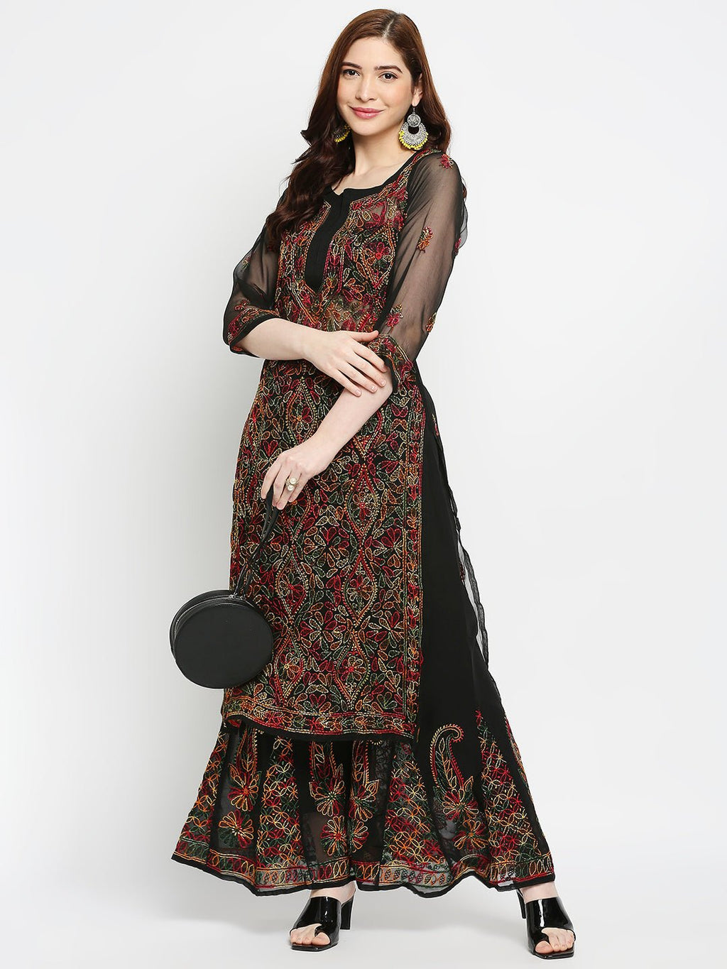 Lucknow Chikankari Hand Embroidered Long Kurta with Sharara Set - Indiankala4u