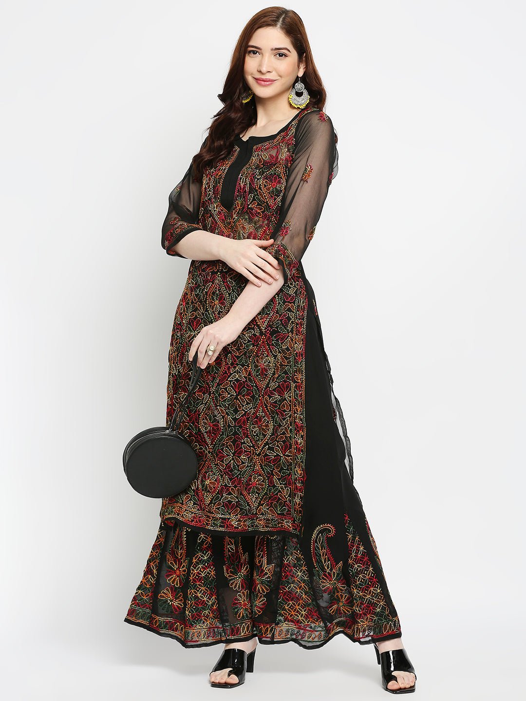 Lucknow Chikankari Hand Embroidered Long Kurta with Sharara Set - Indiankala4u