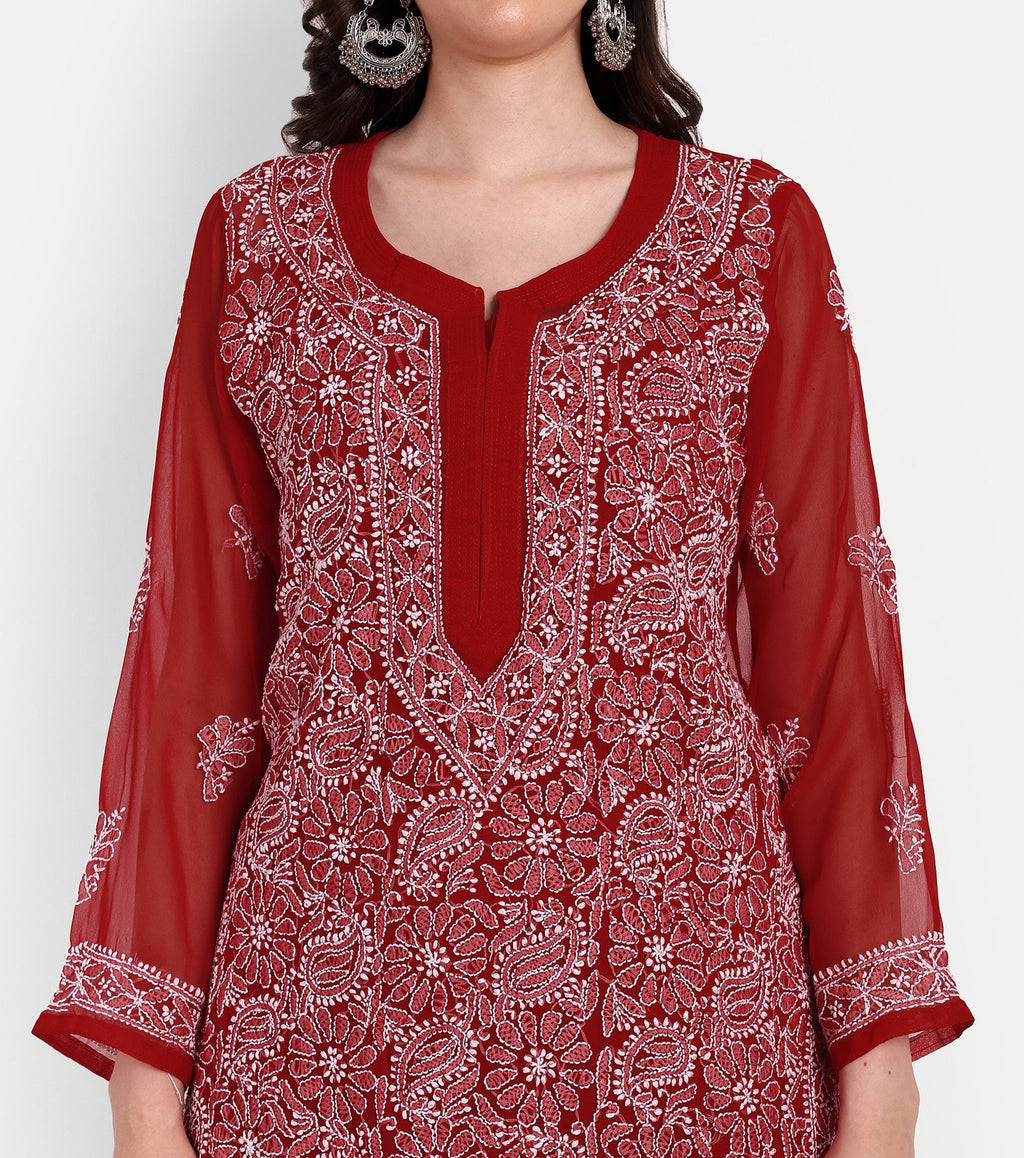 Lucknow Chikankari Hand Embroidered Long Kurta with Sharara Set - Indiankala4u