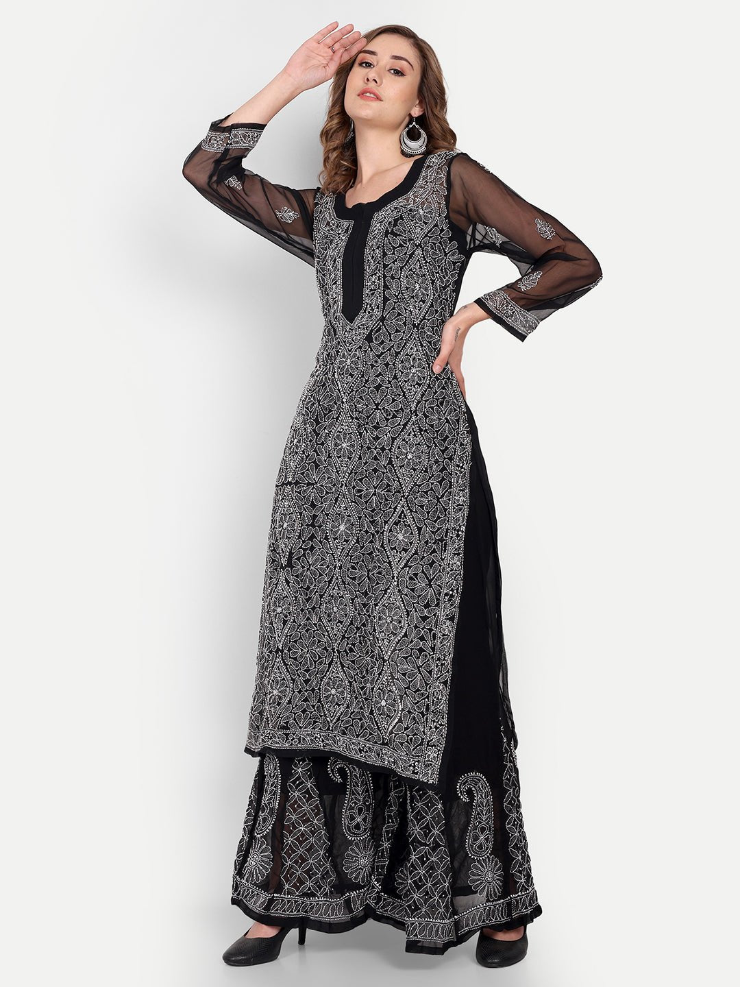 Lucknow Chikankari Hand Embroidered Long Kurta with Sharara Set - Indiankala4u