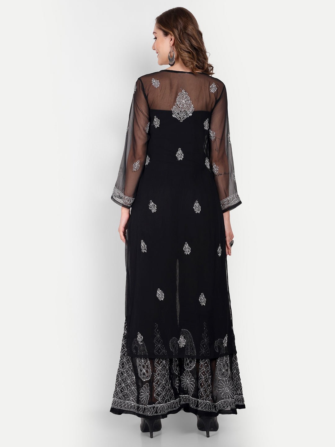 Lucknow Chikankari Hand Embroidered Long Kurta with Sharara Set - Indiankala4u