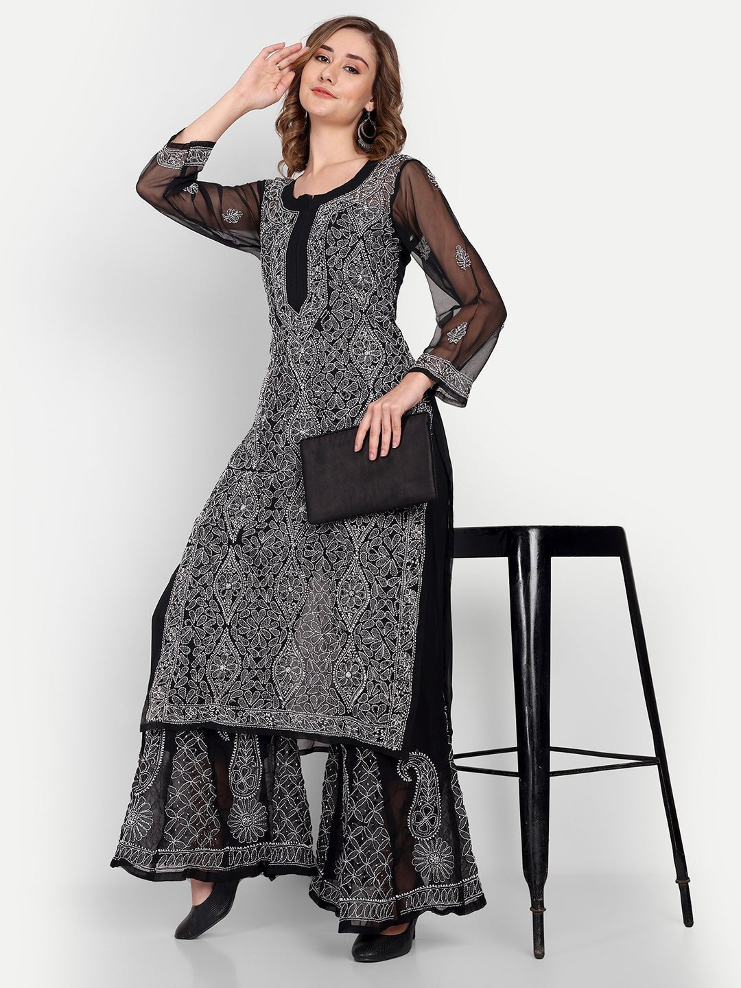 Lucknow Chikankari Hand Embroidered Long Kurta with Sharara Set - Indiankala4u