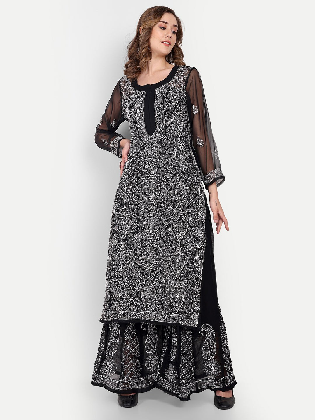 Lucknow Chikankari Hand Embroidered Long Kurta with Sharara Set - Indiankala4u