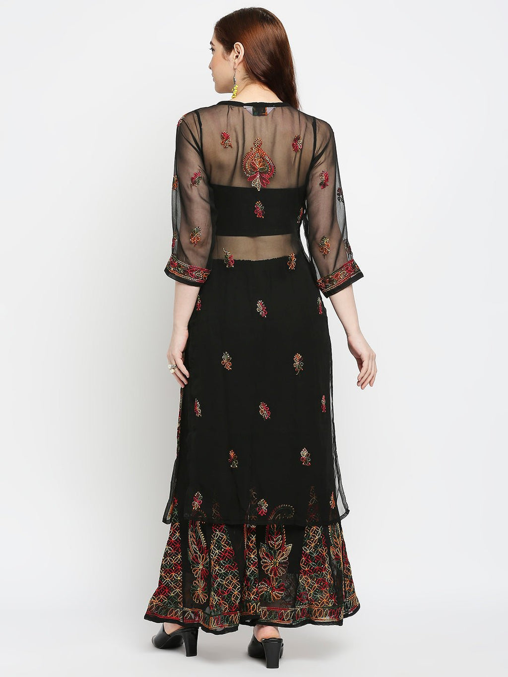 Lucknow Chikankari Hand Embroidered Long Kurta with Sharara Set - Indiankala4u