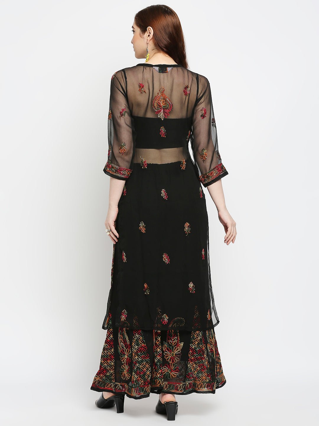 Lucknow Chikankari Hand Embroidered Long Kurta with Sharara Set - Indiankala4u