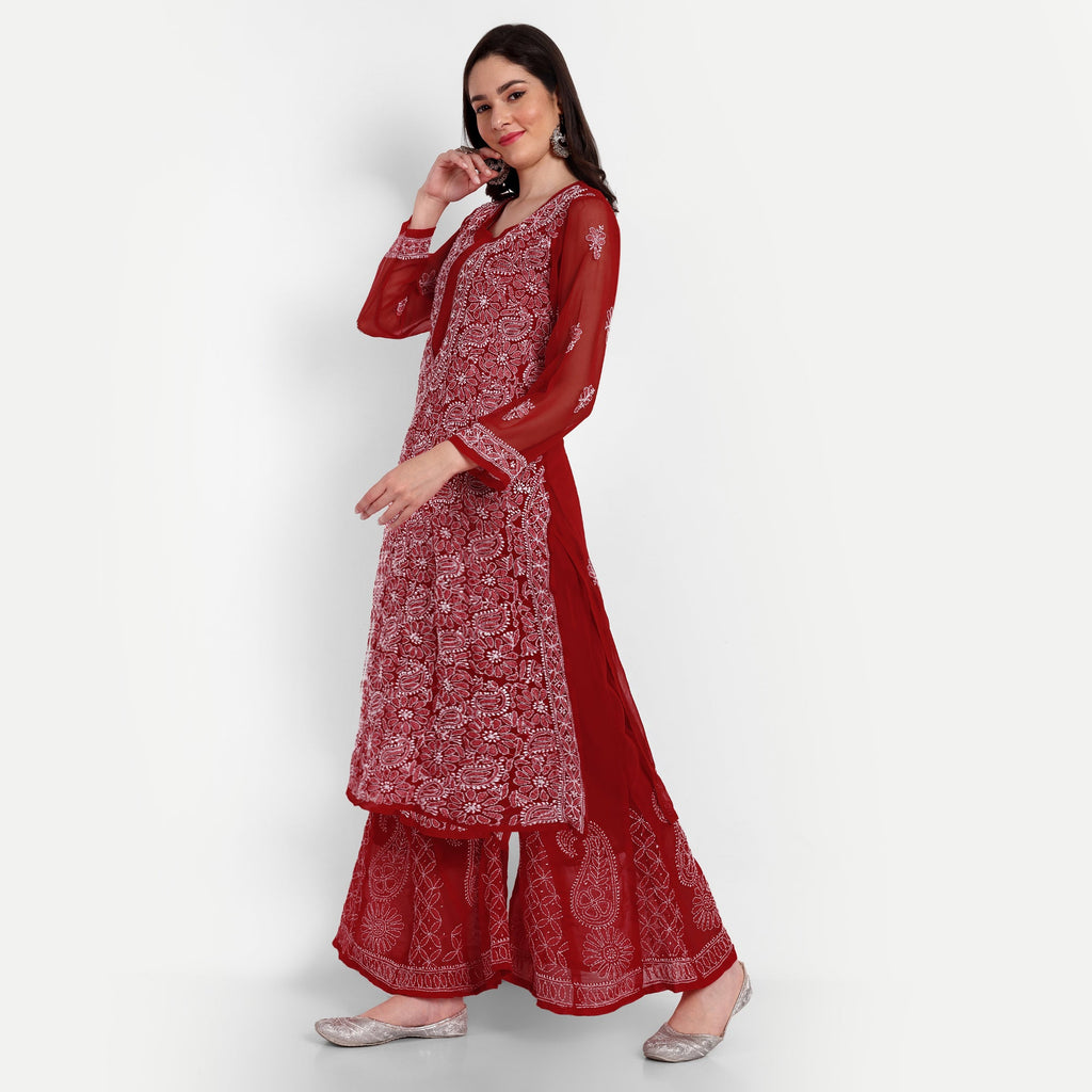 Lucknow Chikankari Hand Embroidered Long Kurta with Sharara Set - Indiankala4u