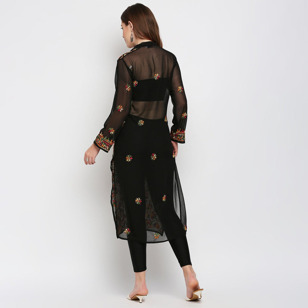 Lucknow Chikankari Hand Embroidered Long Kurti for Women, Plus Sizes - Indiankala4u