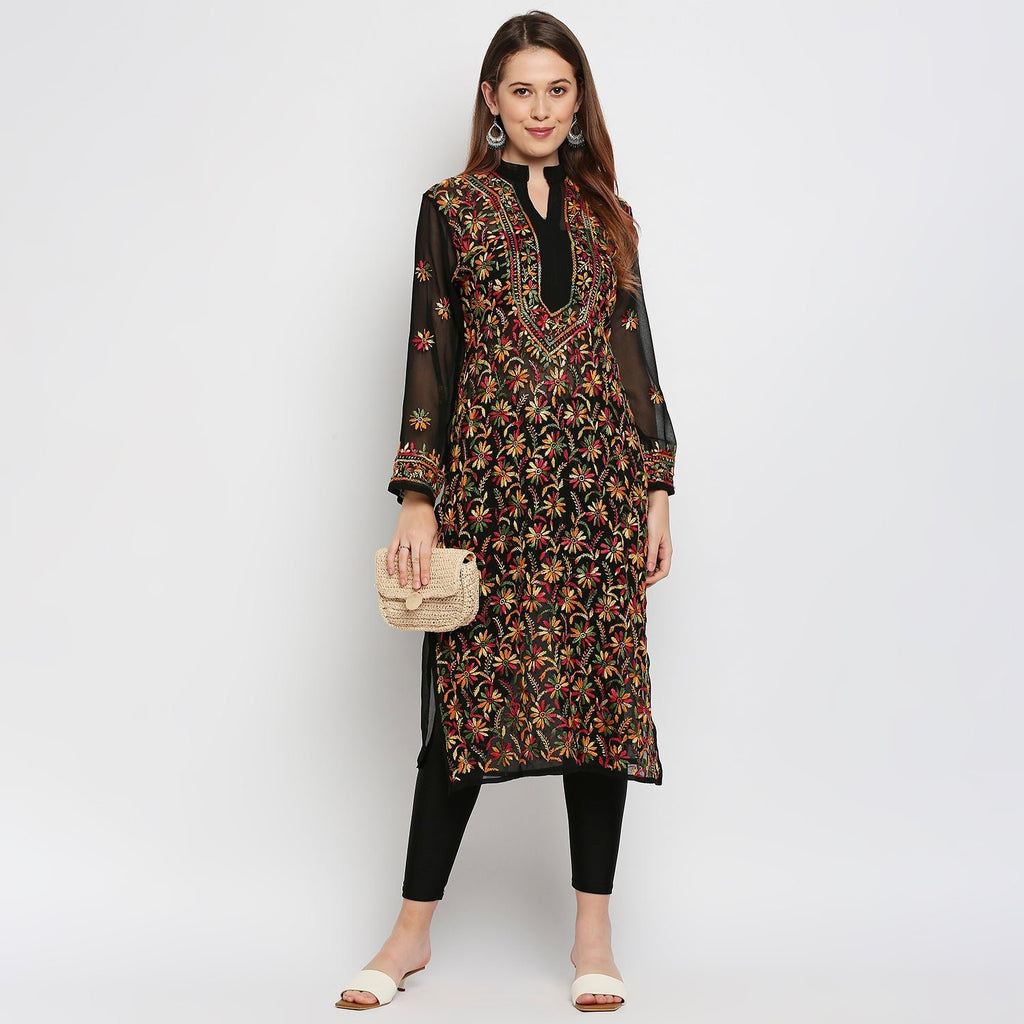 Lucknow Chikankari Hand Embroidered Long Kurti for Women, Plus Sizes - Indiankala4u