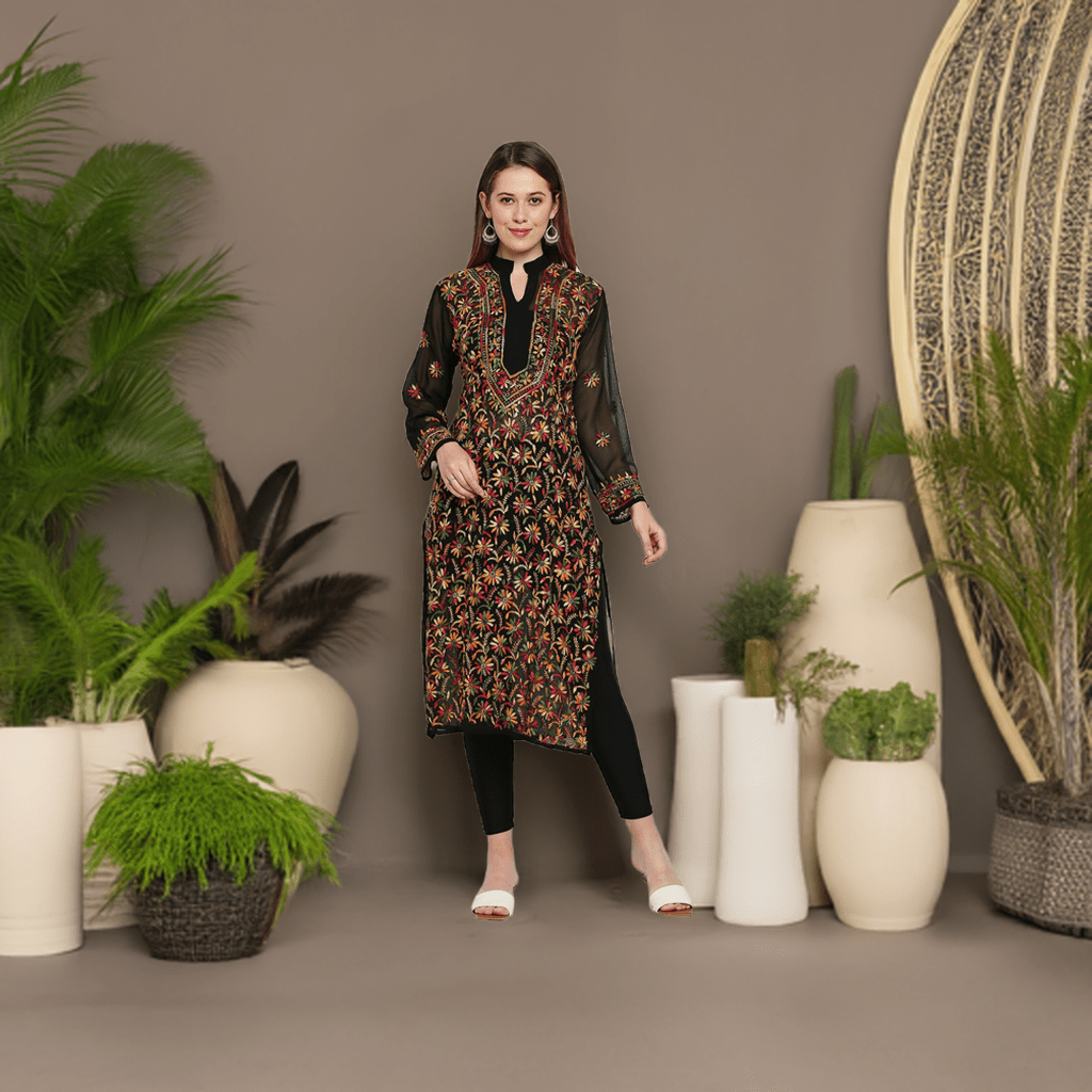 Lucknow Chikankari Hand Embroidered Long Kurti for Women, Plus Sizes - Indiankala4u