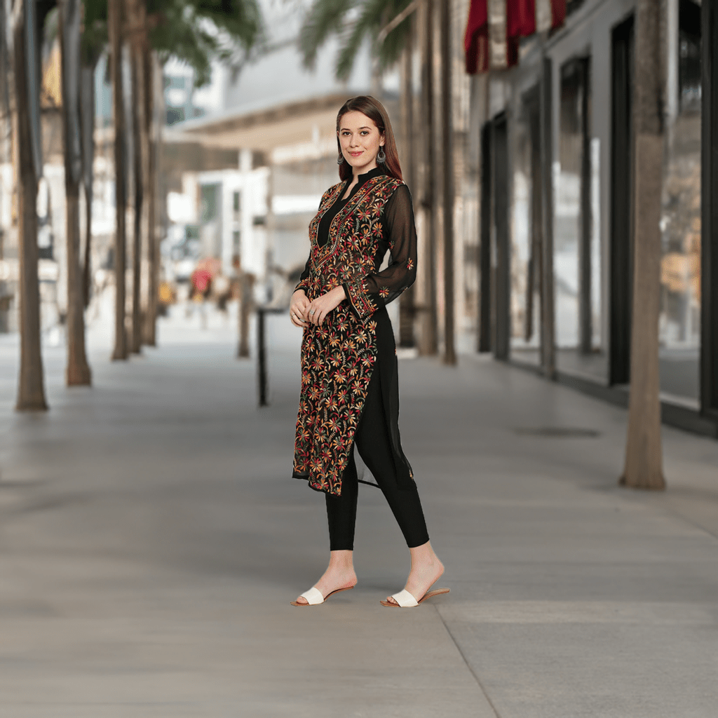 Lucknow Chikankari Hand Embroidered Long Kurti for Women, Plus Sizes - Indiankala4u