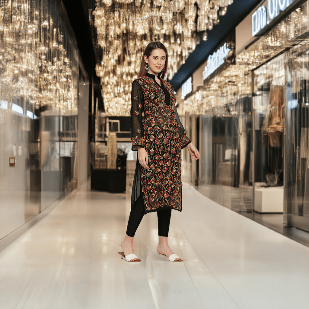 Lucknow Chikankari Hand Embroidered Long Kurti for Women, Plus Sizes - Indiankala4u