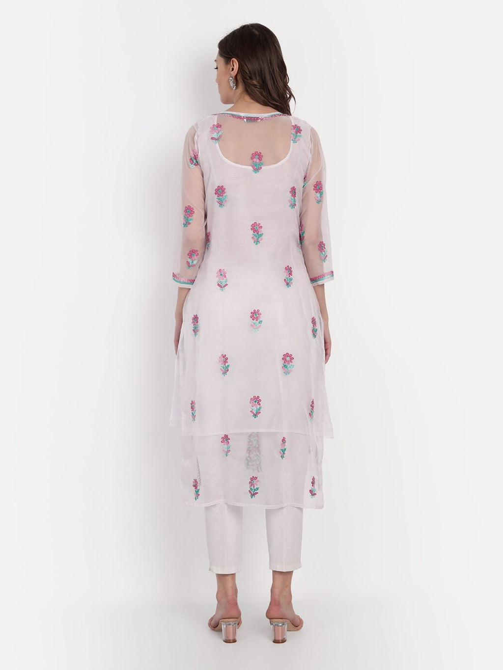 Lucknow Chikankari Hand Embroidered Long Kurti with Matching Inner Organza - Indiankala4u