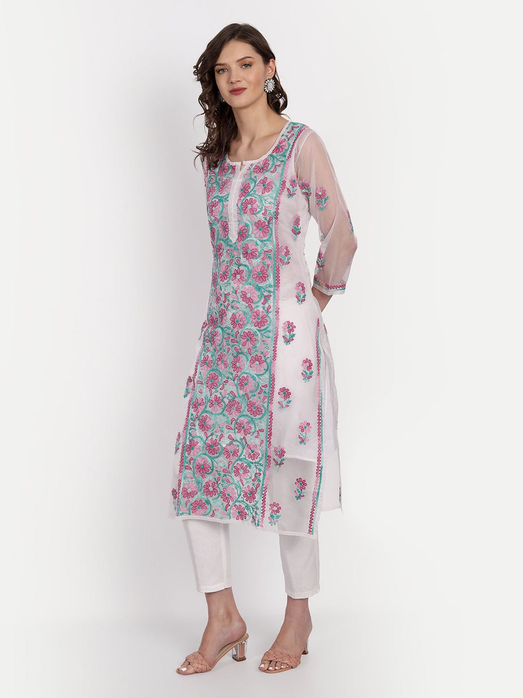 Lucknow Chikankari Hand Embroidered Long Kurti with Matching Inner Organza - Indiankala4u