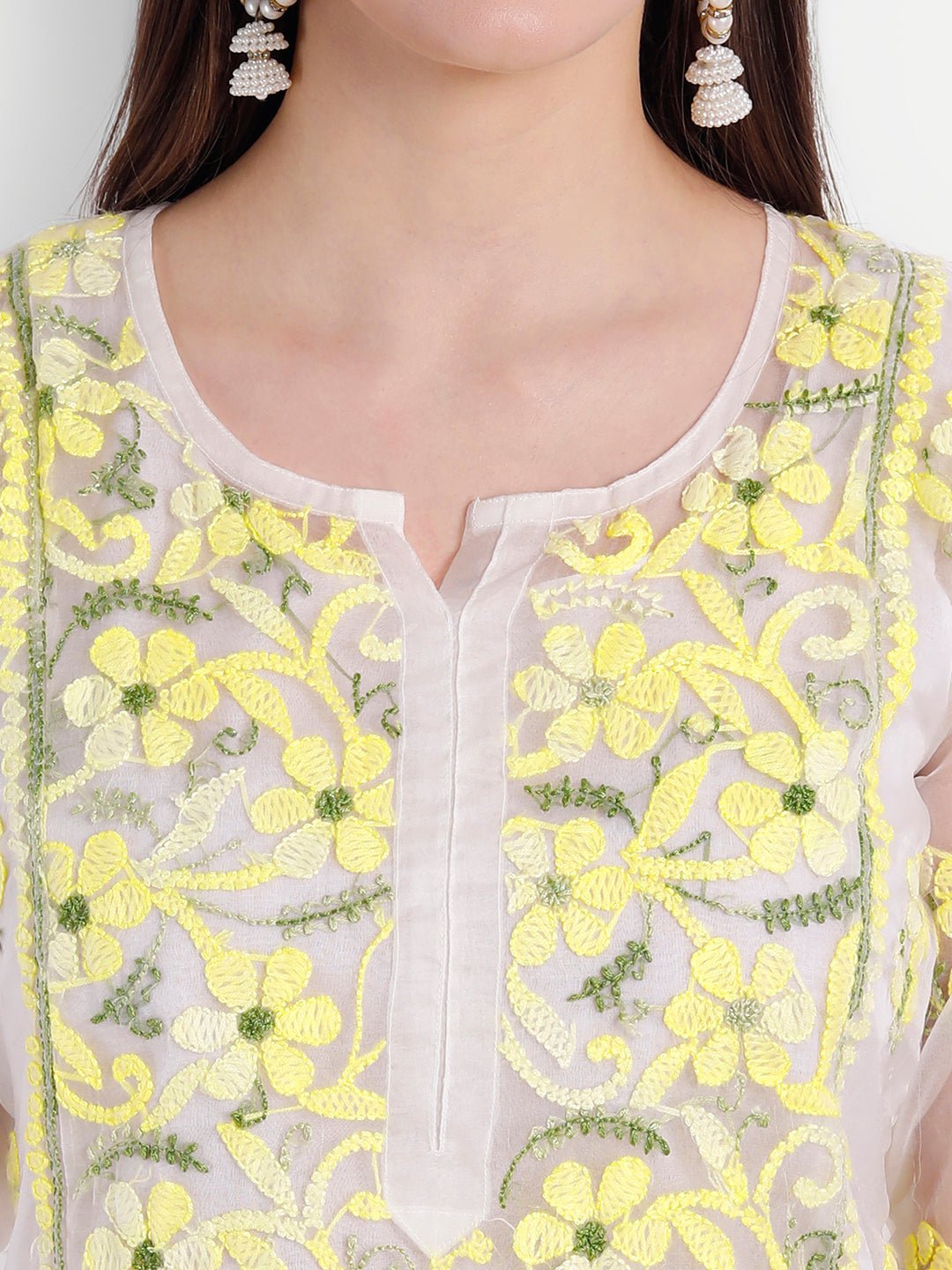 Lucknow Chikankari Hand Embroidered Long Kurti with Matching Inner Organza - Indiankala4u