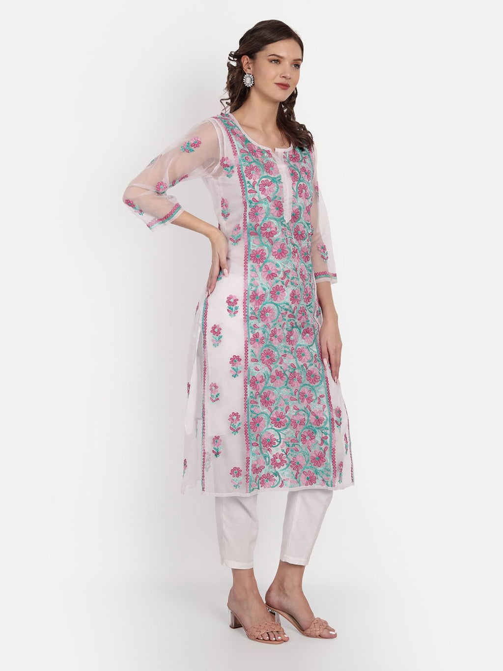 Lucknow Chikankari Hand Embroidered Long Kurti with Matching Inner Organza - Indiankala4u