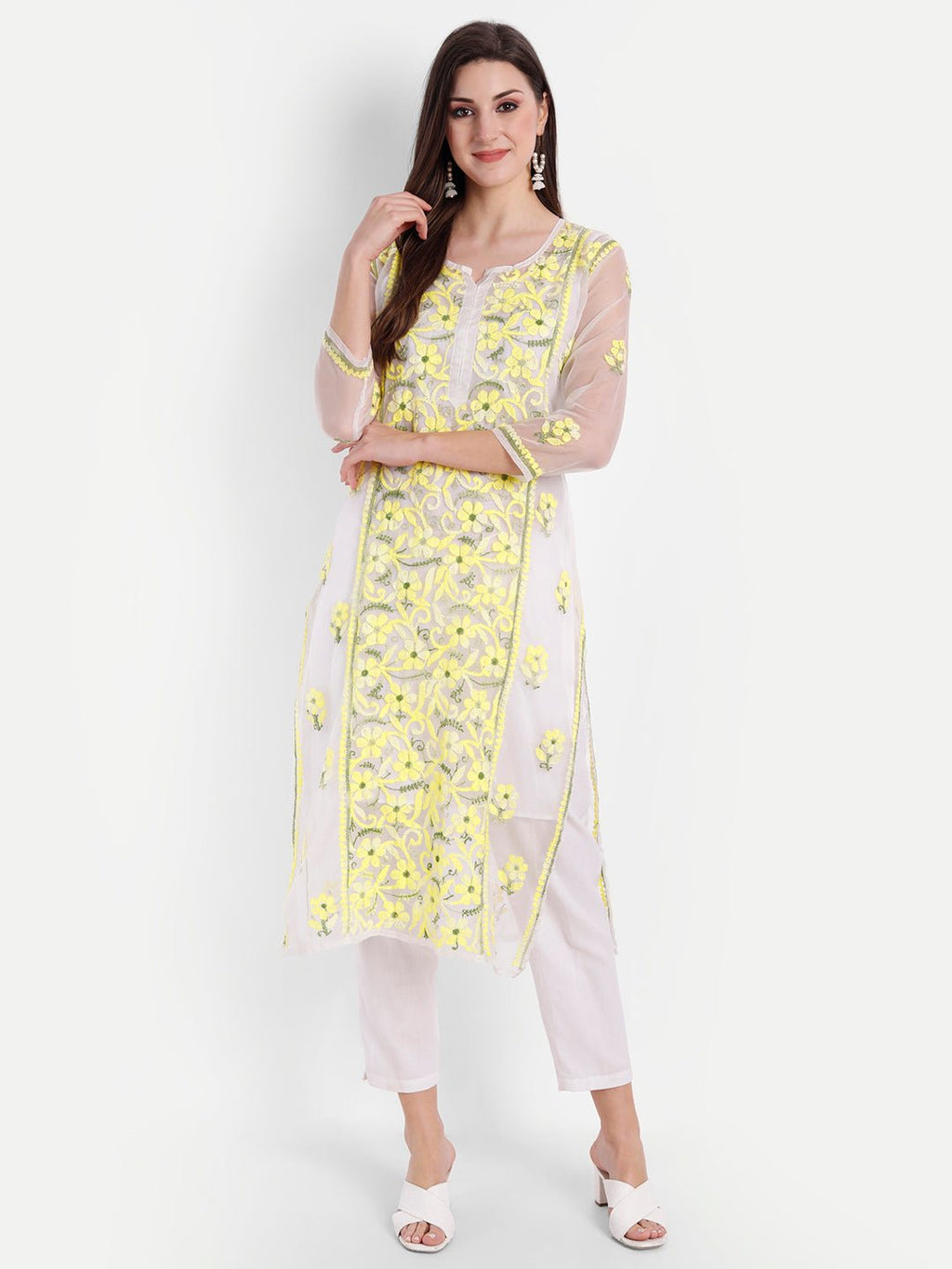 Lucknow Chikankari Hand Embroidered Long Kurti with Matching Inner Organza - Indiankala4u