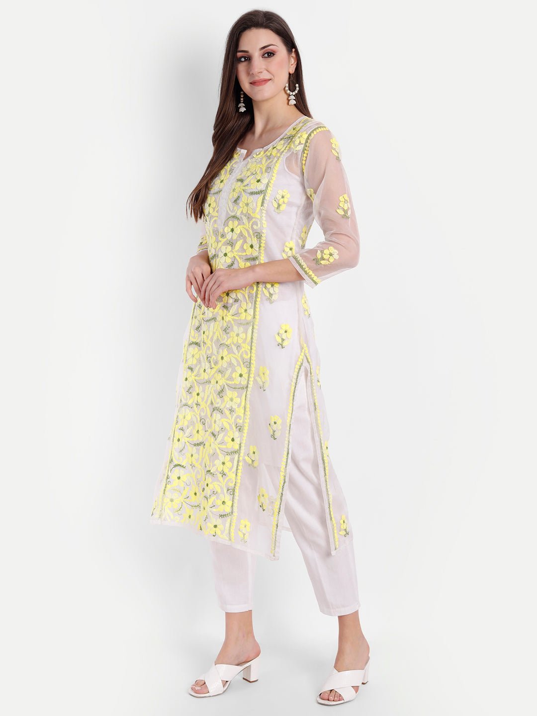 Lucknow Chikankari Hand Embroidered Long Kurti with Matching Inner Organza - Indiankala4u