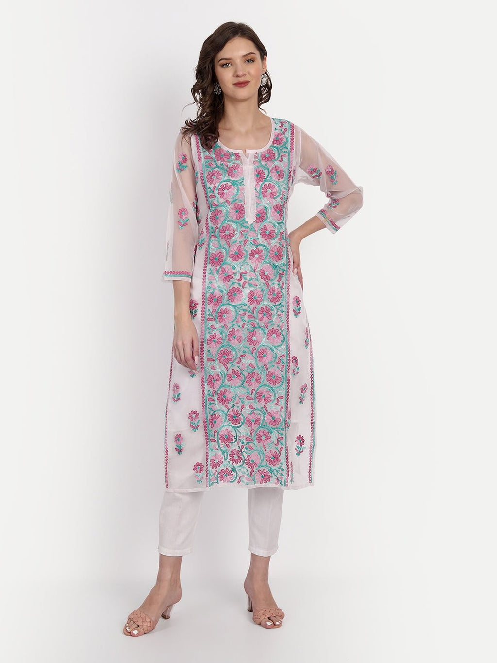 Lucknow Chikankari Hand Embroidered Long Kurti with Matching Inner Organza - Indiankala4u