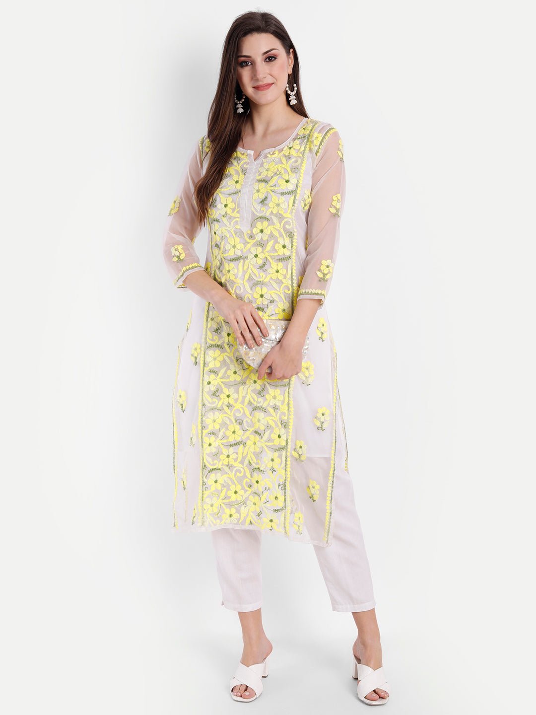 Lucknow Chikankari Hand Embroidered Long Kurti with Matching Inner Organza - Indiankala4u