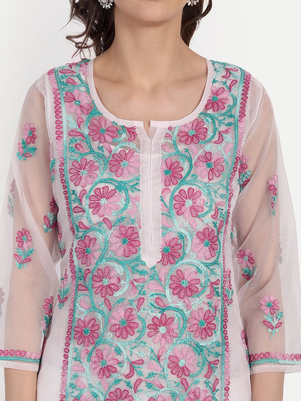 Lucknow Chikankari Hand Embroidered Long Kurti with Matching Inner Organza - Indiankala4u