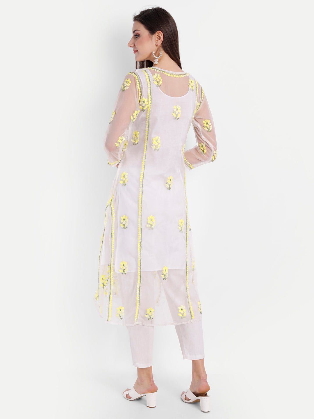 Lucknow Chikankari Hand Embroidered Long Kurti with Matching Inner Organza - Indiankala4u
