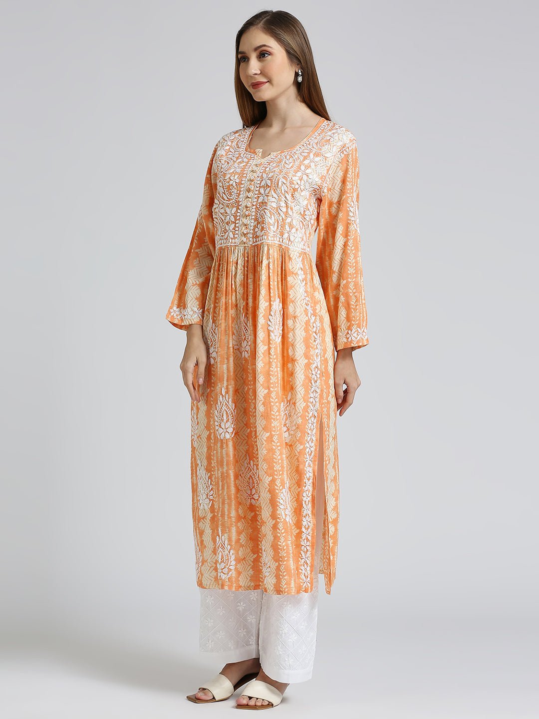 Lucknow Chikankari Hand Embroidered Nyra cut Kurta - Indiankala4u