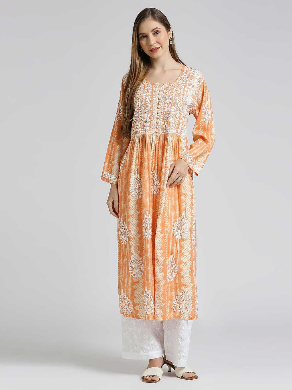 Lucknow Chikankari Hand Embroidered Nyra cut Kurta - Indiankala4u