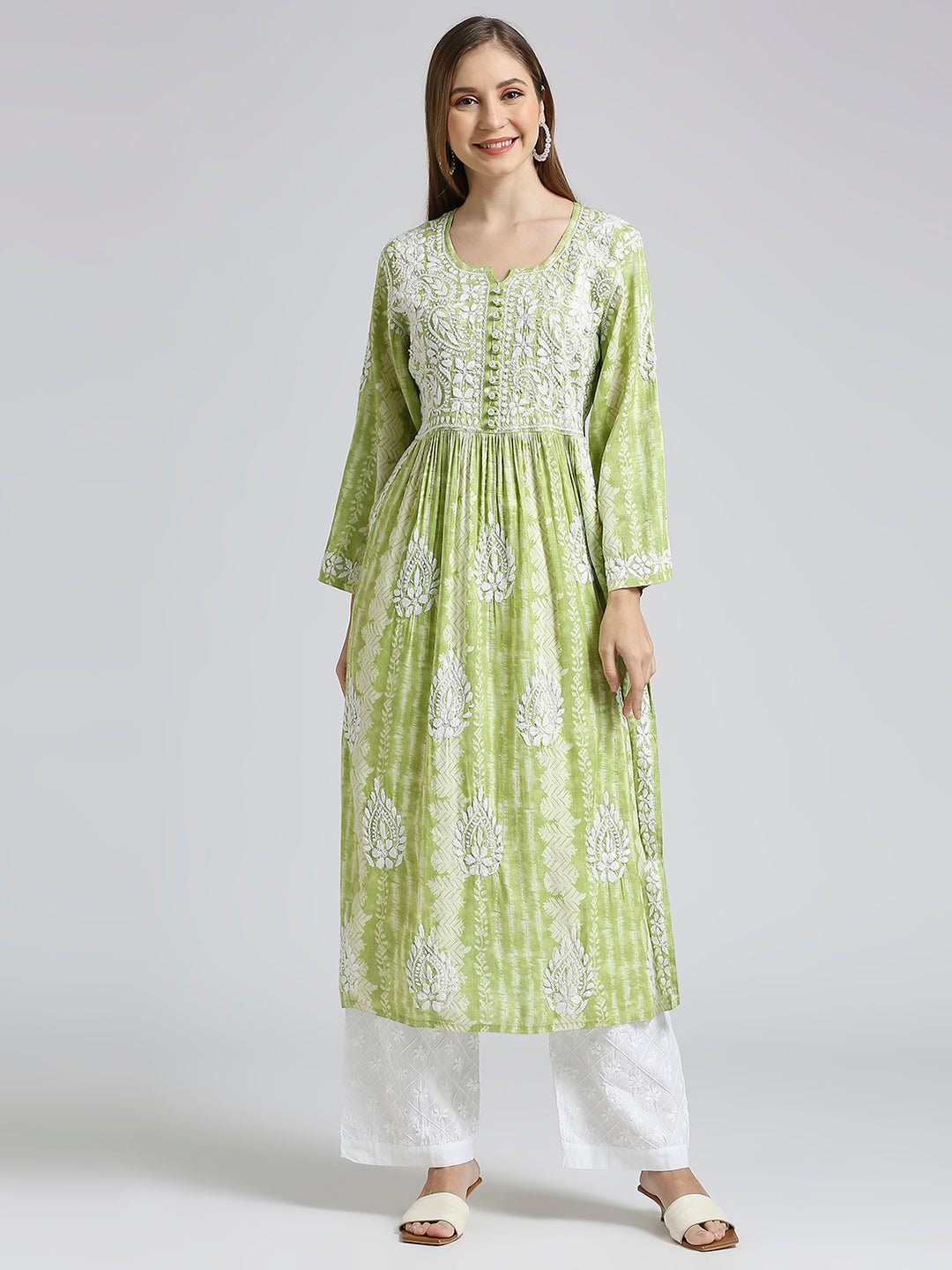 Lucknow Chikankari Hand Embroidered Nyra cut Kurta - Indiankala4u