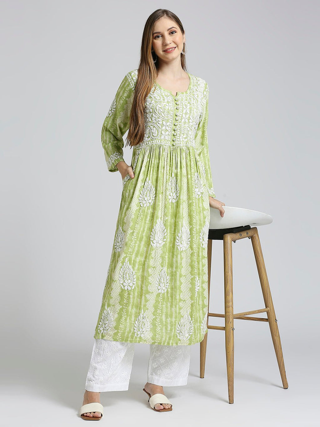 Lucknow Chikankari Hand Embroidered Nyra cut Kurta - Indiankala4u