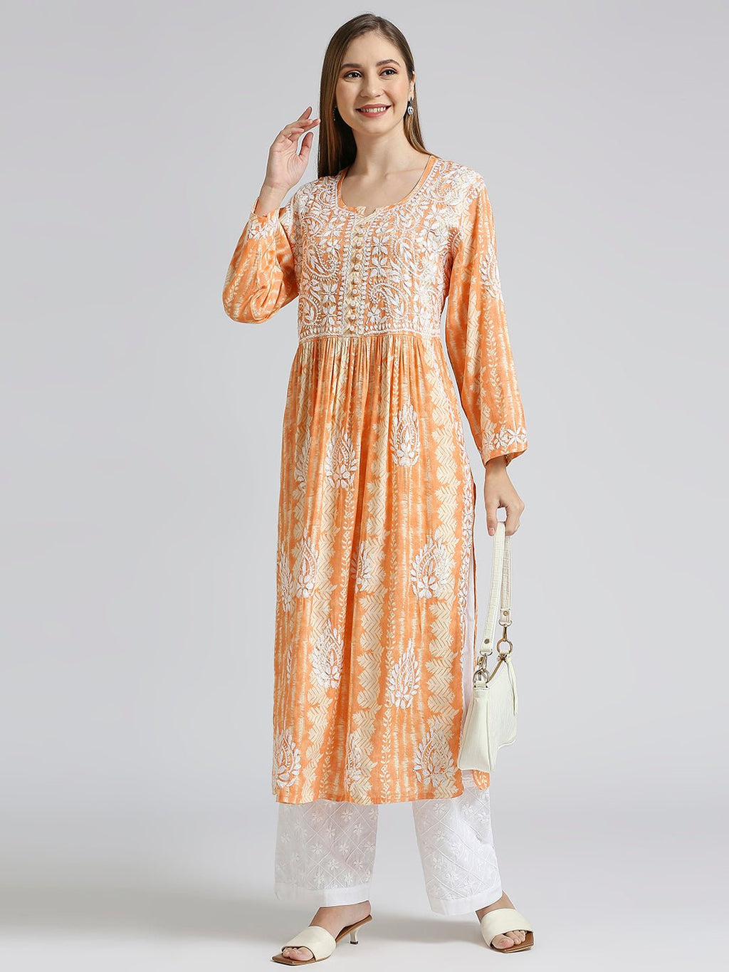 Lucknow Chikankari Hand Embroidered Nyra cut Kurta - Indiankala4u