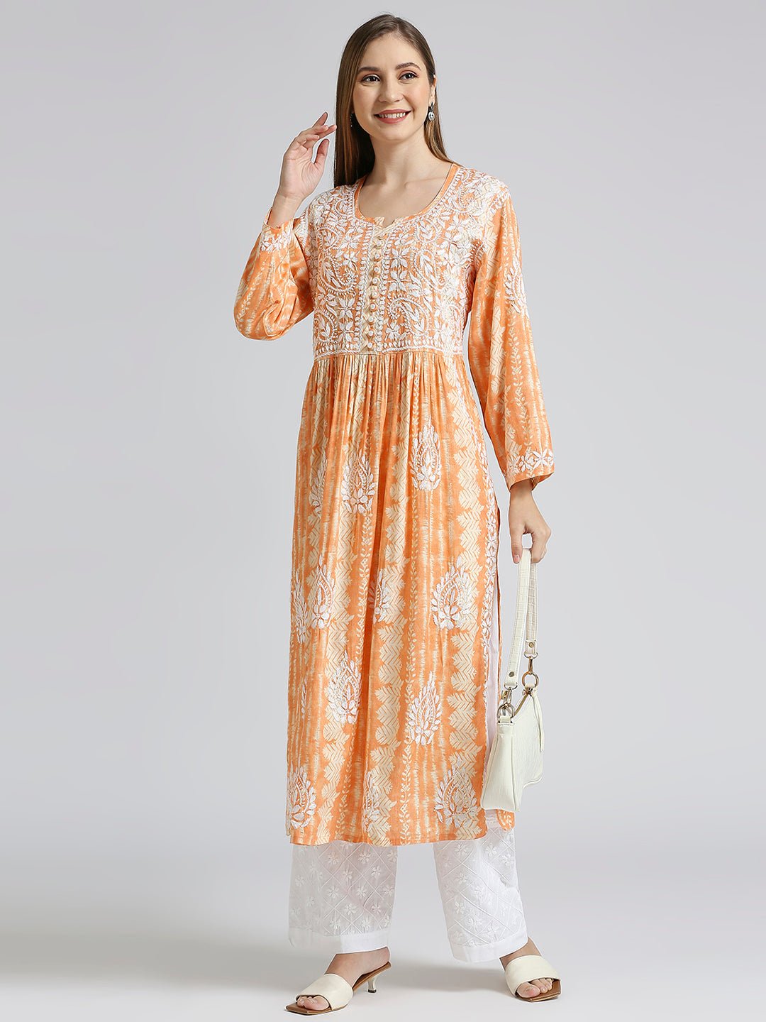 Lucknow Chikankari Hand Embroidered Nyra cut Kurta - Indiankala4u