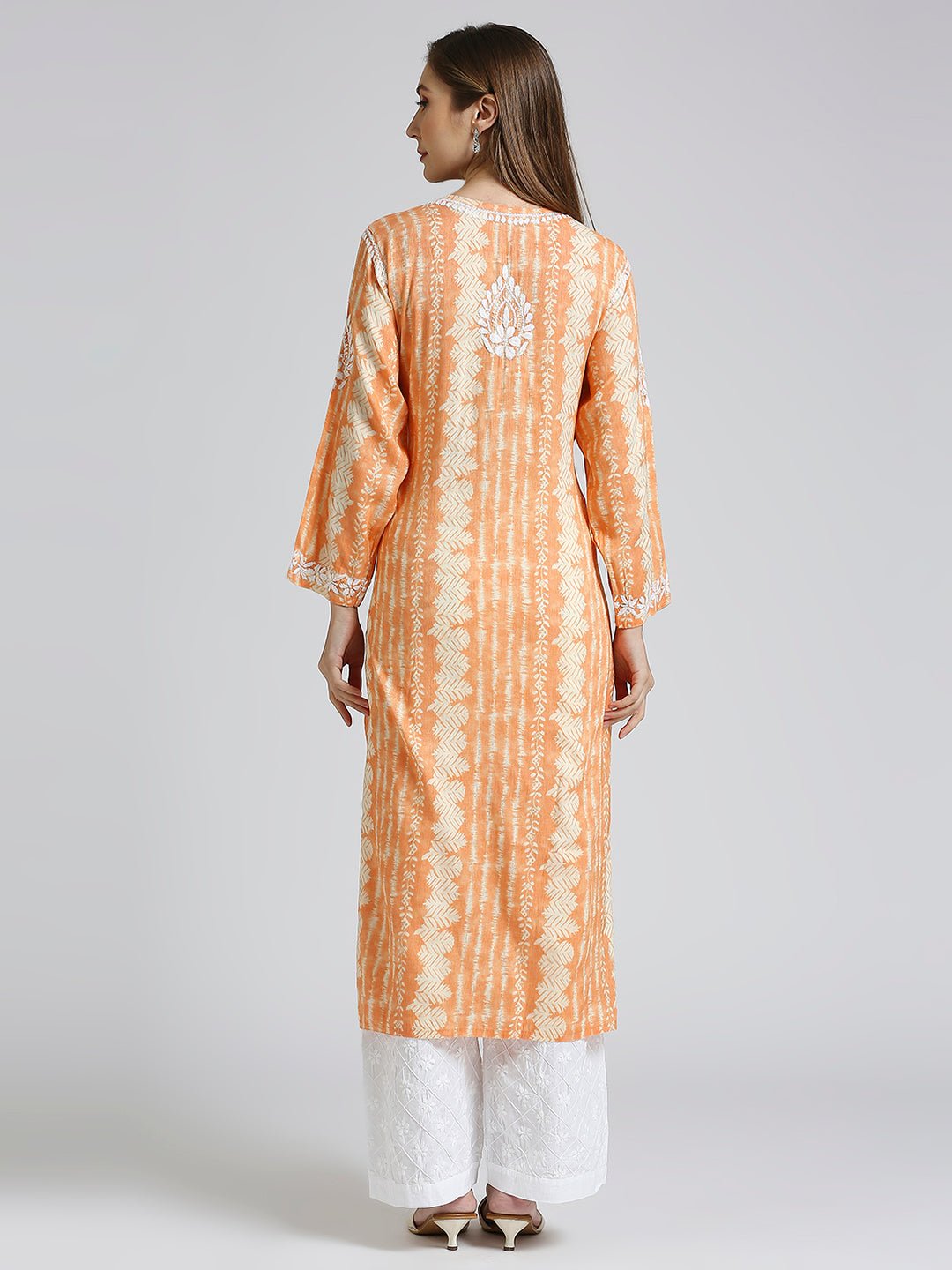 Lucknow Chikankari Hand Embroidered Nyra cut Kurta - Indiankala4u