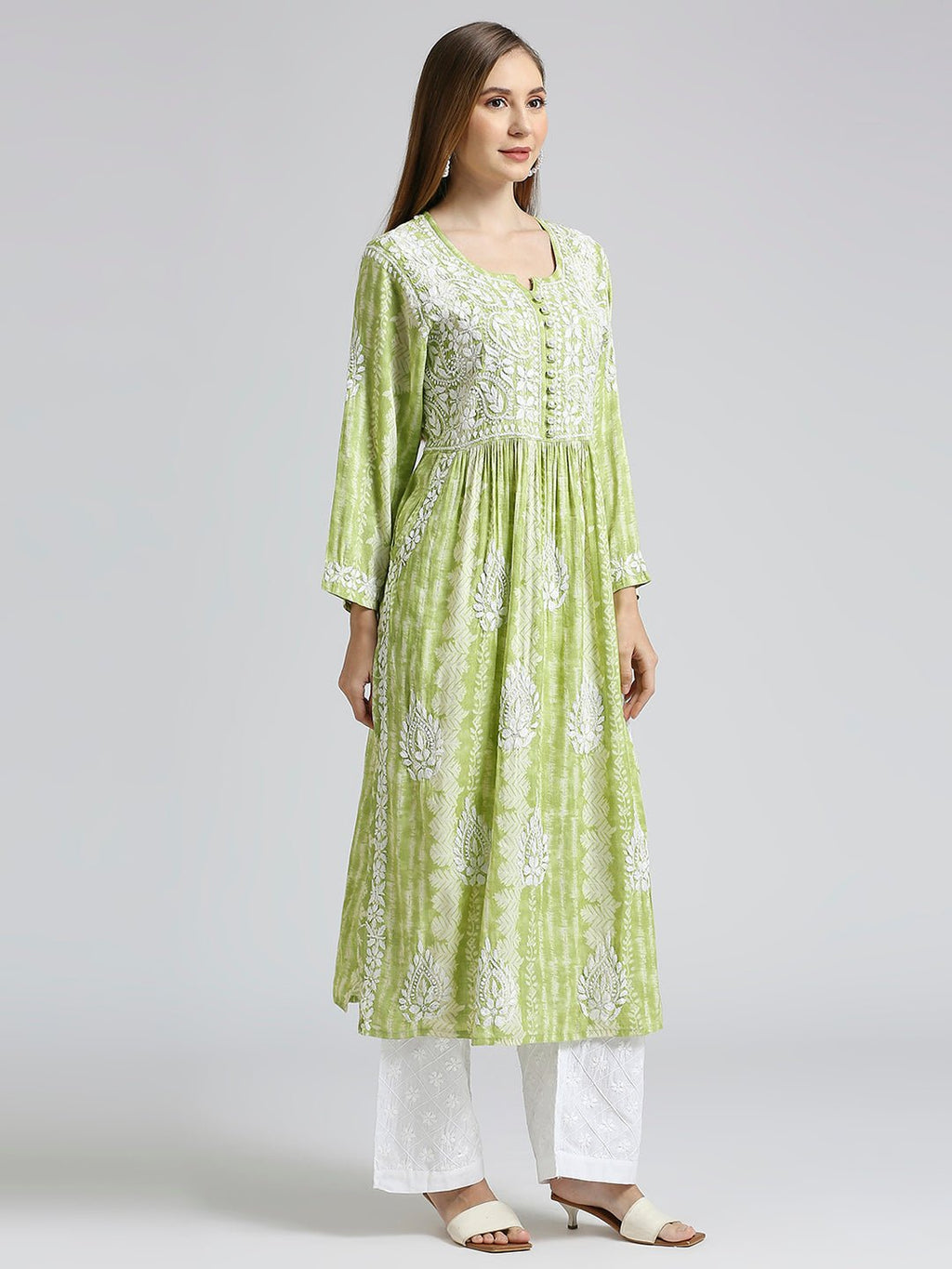 Lucknow Chikankari Hand Embroidered Nyra cut Kurta - Indiankala4u