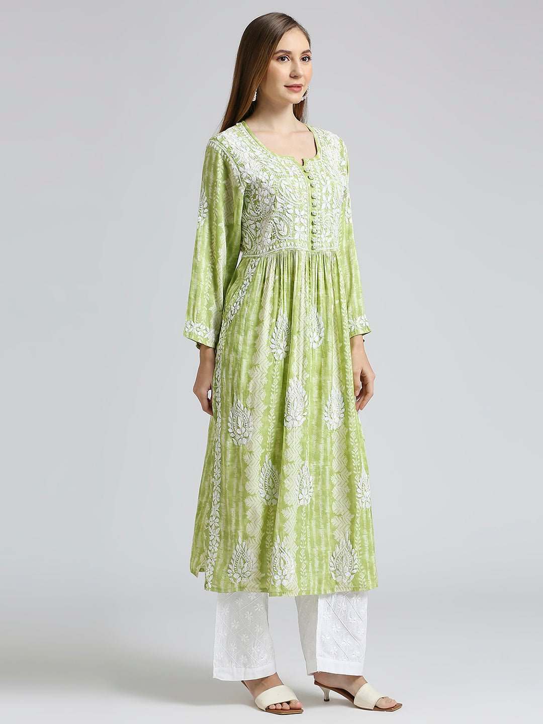 Lucknow Chikankari Hand Embroidered Nyra cut Kurta - Indiankala4u