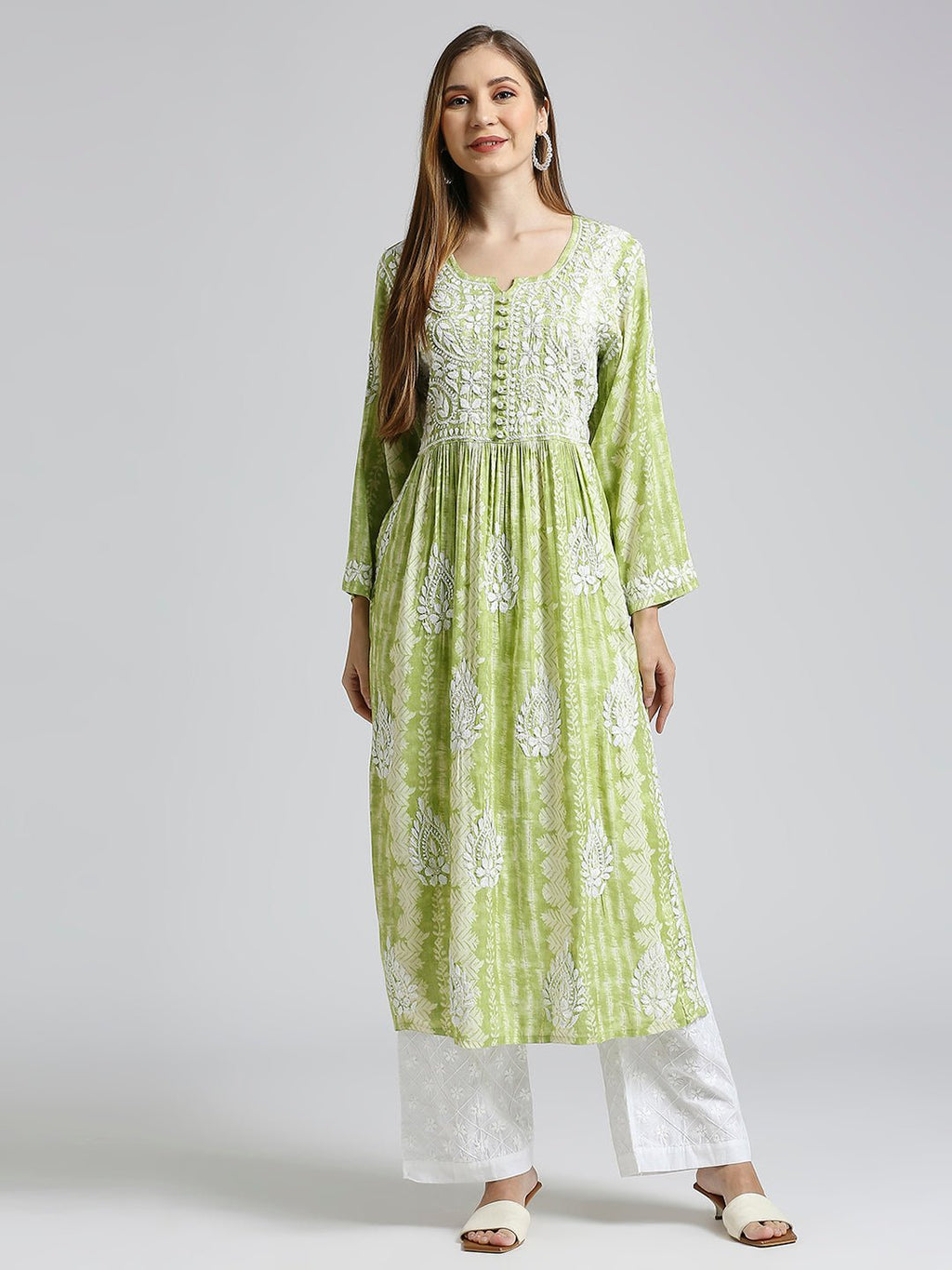 Lucknow Chikankari Hand Embroidered Nyra cut Kurta - Indiankala4u
