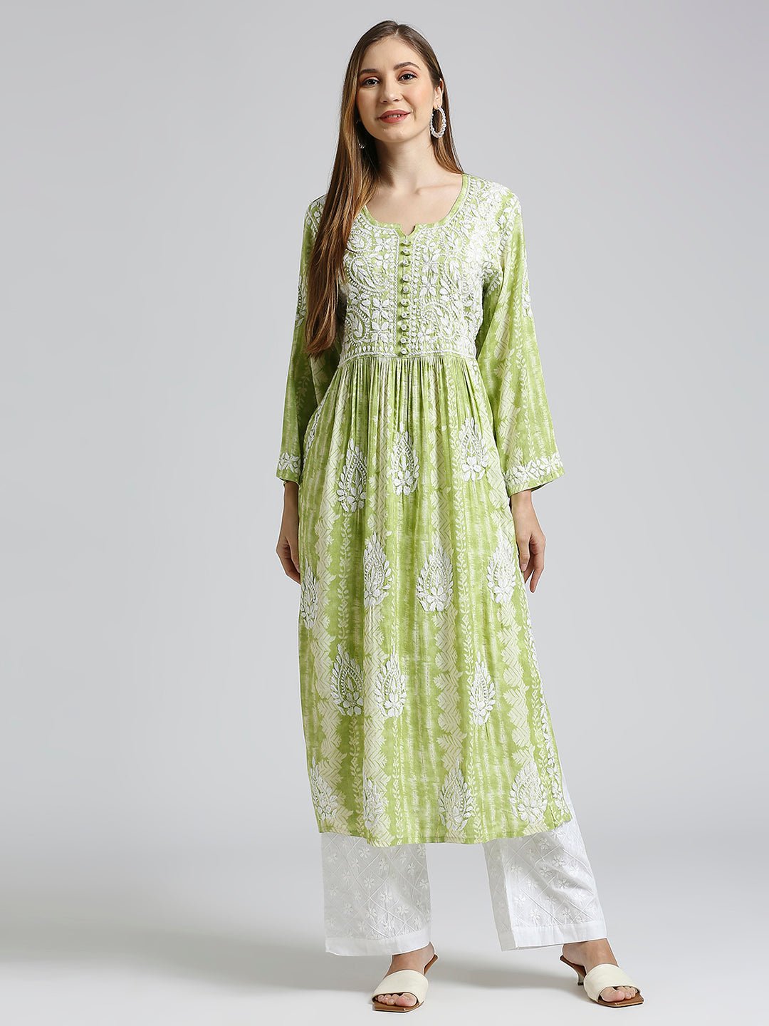 Lucknow Chikankari Hand Embroidered Nyra cut Kurta - Indiankala4u