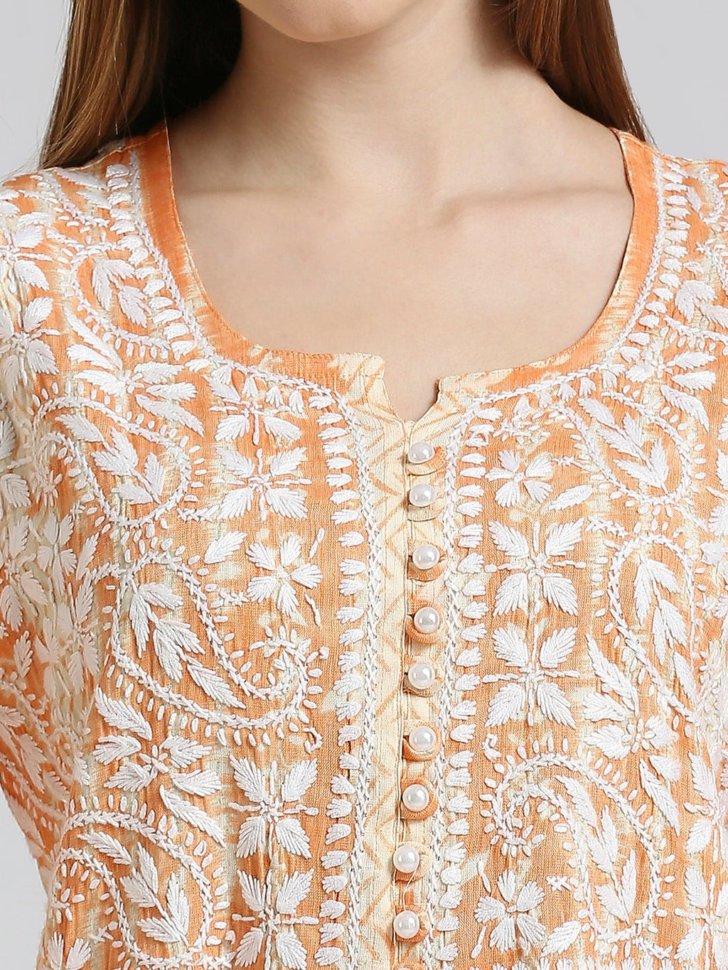 Lucknow Chikankari Hand Embroidered Nyra cut Kurta - Indiankala4u