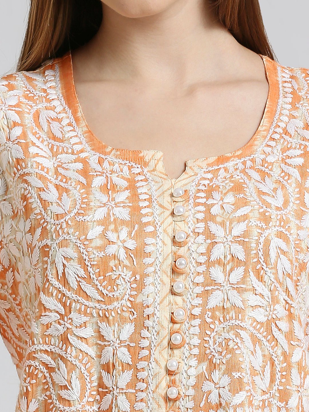 Lucknow Chikankari Hand Embroidered Nyra cut Kurta - Indiankala4u