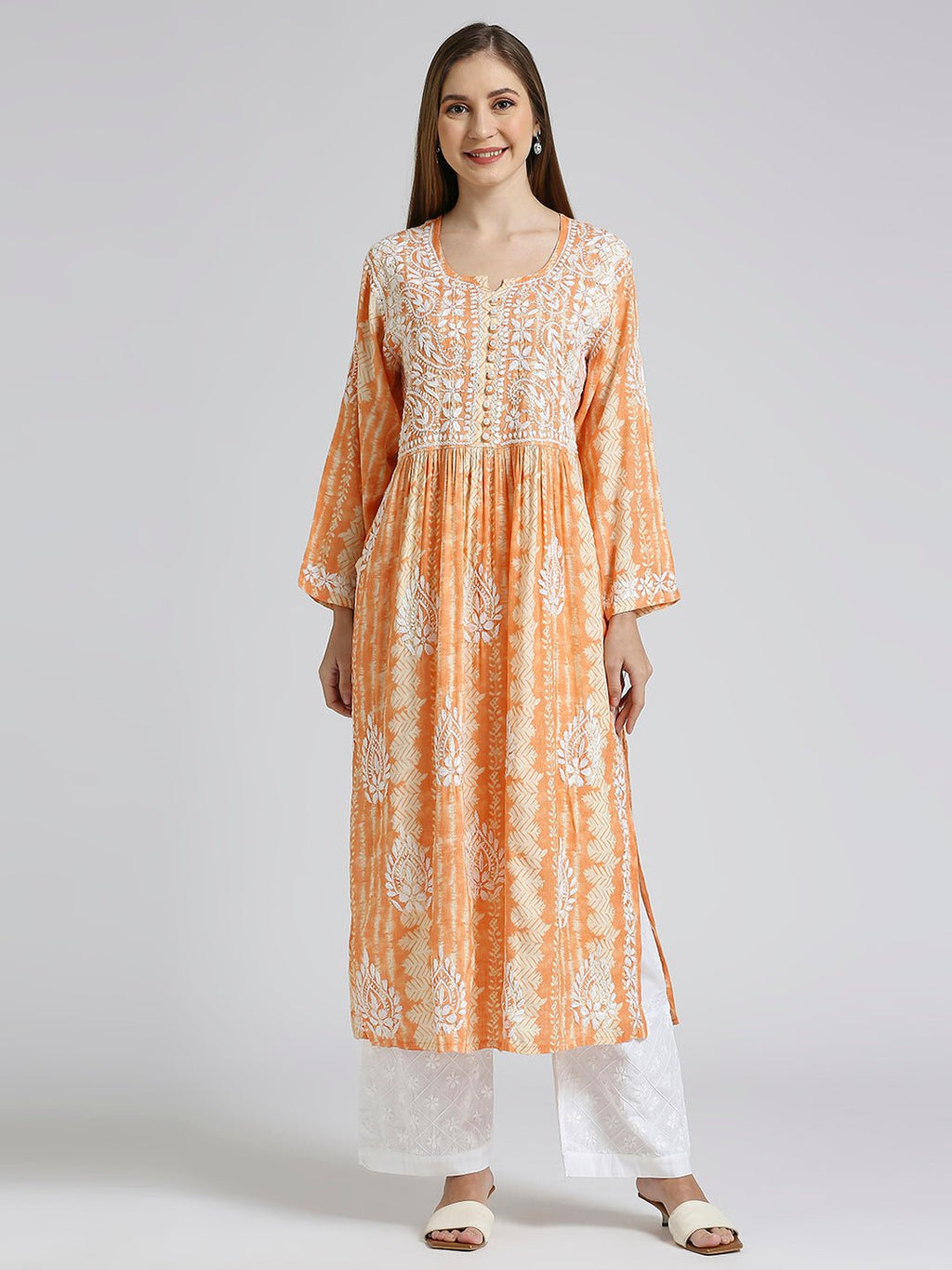Lucknow Chikankari Hand Embroidered Nyra cut Kurta - Indiankala4u