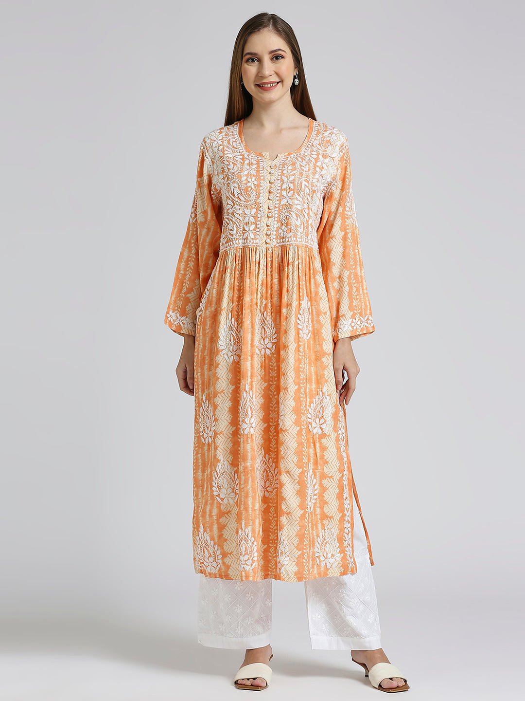 Lucknow Chikankari Hand Embroidered Nyra cut Kurta - Indiankala4u