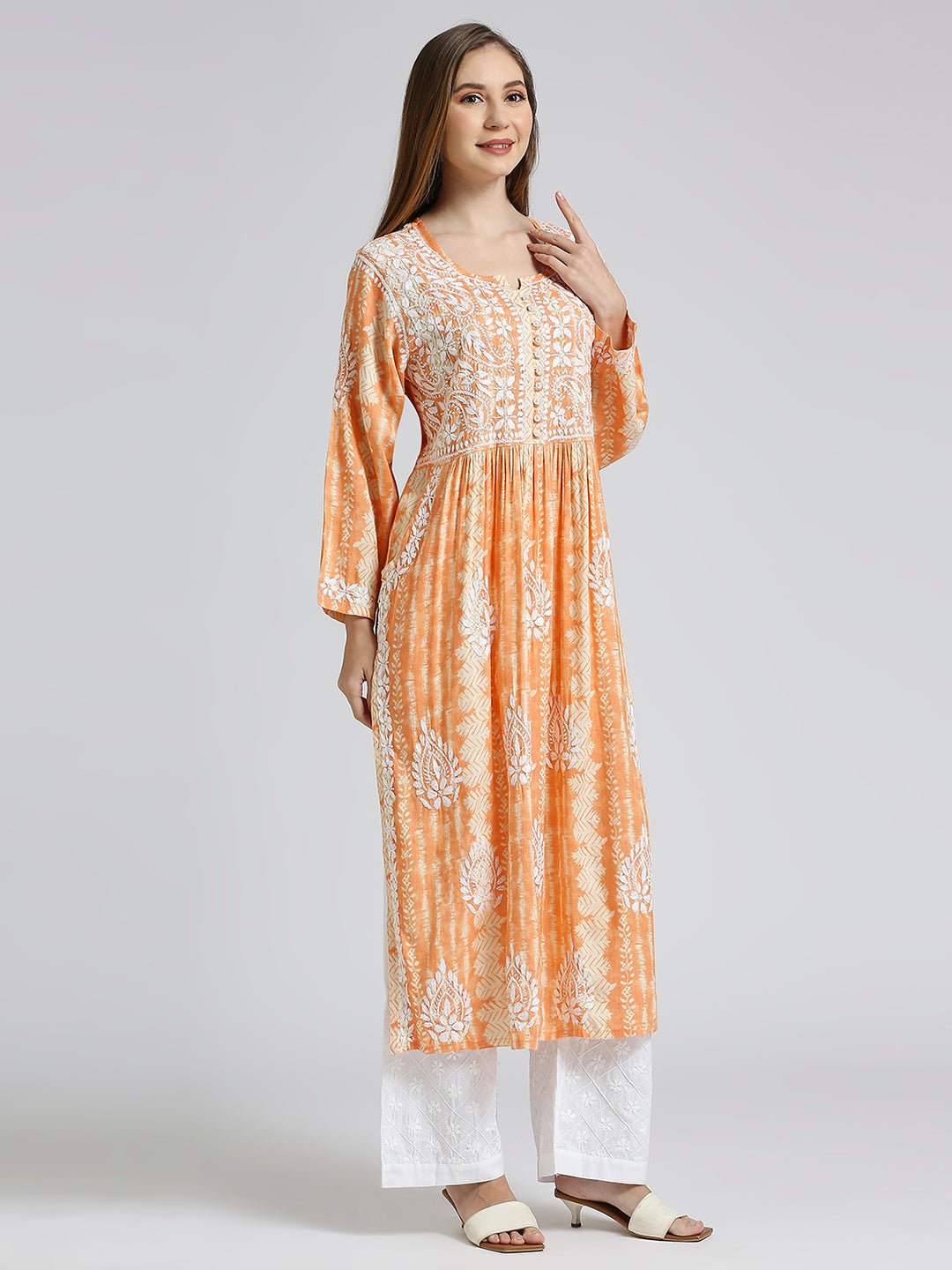 Lucknow Chikankari Hand Embroidered Nyra cut Kurta - Indiankala4u