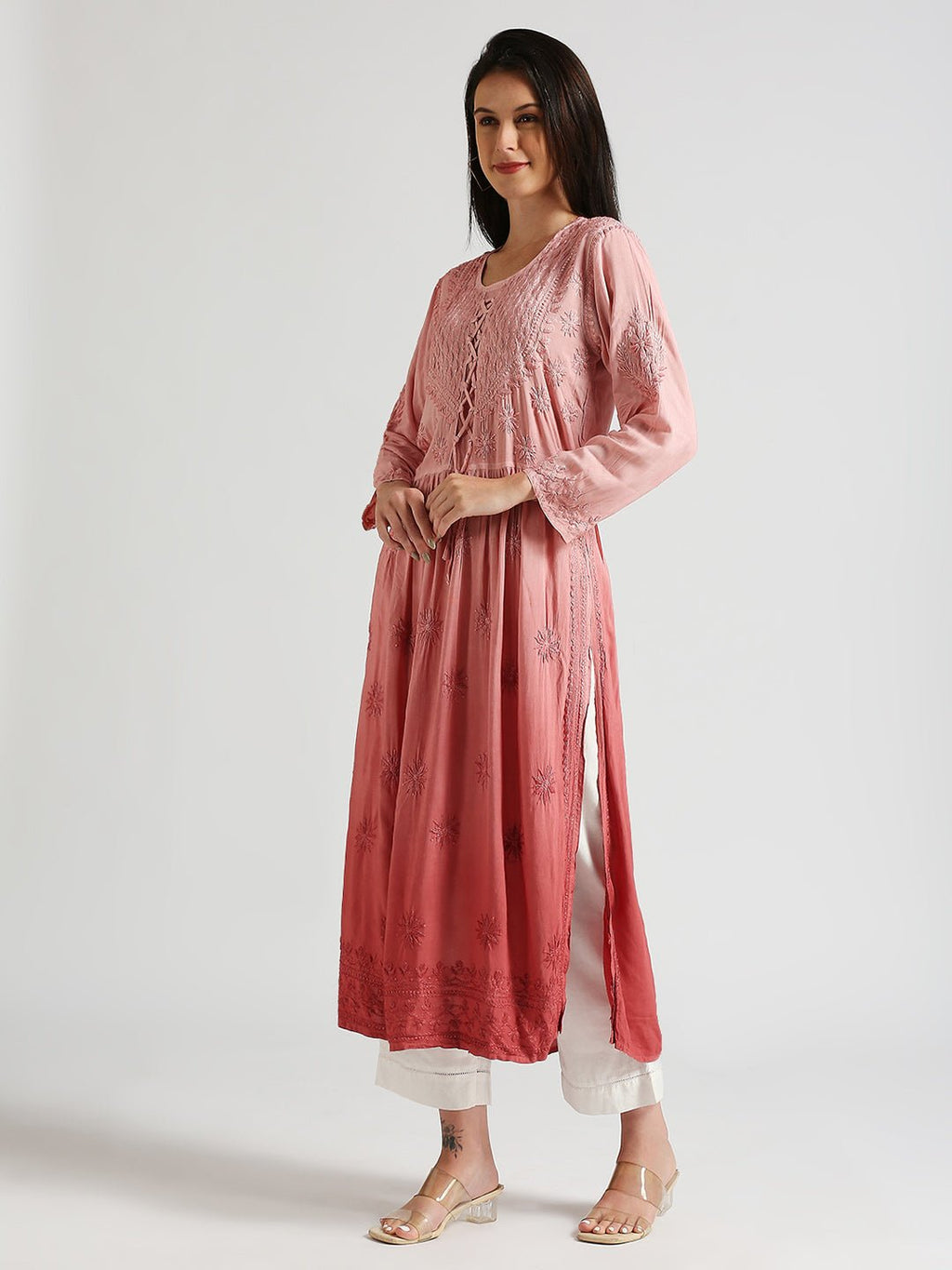 Lucknow Chikankari Hand Embroidered Ombre Nyra cut Kurta - Indiankala4u